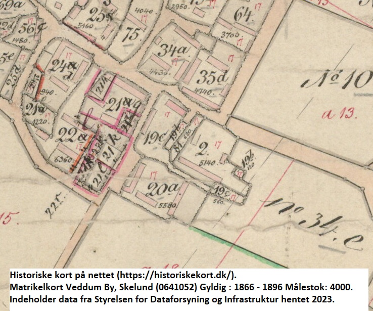 Historiske kort på nettet (https://historiskekort.dk/). Matrikelkort Veddum By, Skelund (0641052) Gyldig : 1866 - 1896 Målestok: 4000. Indeholder data fra Styrelsen for Dataforsyning og Infrastruktur hentet 2023.