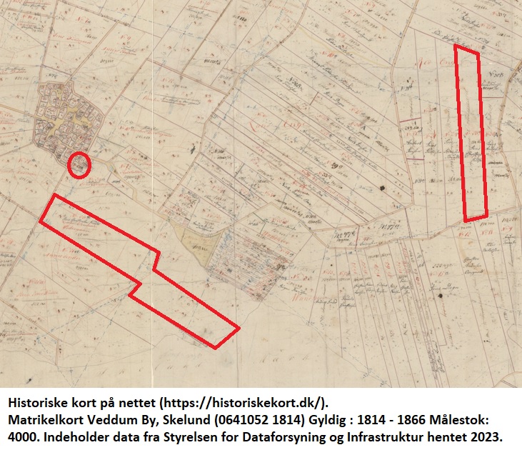 Historiske kort på nettet (https://historiskekort.dk/). Matrikelkort Veddum By, Skelund (0641052 1814) Gyldig : 1814 - 1866 Målestok: 4000. Indeholder data fra Styrelsen for Dataforsyning og Infrastruktur hentet 2023.
