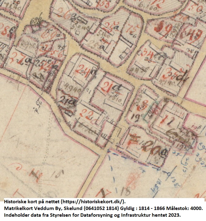 Historiske kort på nettet (https://historiskekort.dk/). Matrikelkort Veddum By, Skelund (0641052 1814) Gyldig : 1814 - 1866 Målestok: 4000. Indeholder data fra Styrelsen for Dataforsyning og Infrastruktur hentet 2023.