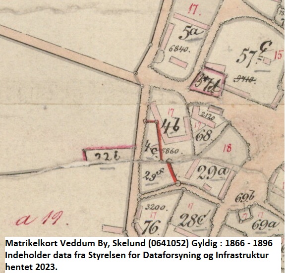 Historiske kort på nettet (https://historiskekort.dk/). Matrikelkort Veddum By, Skelund (0641052) Gyldig : 1866 - 1896 Målestok: 4000. Indeholder data fra Styrelsen for Dataforsyning og Infrastruktur hentet 2023.