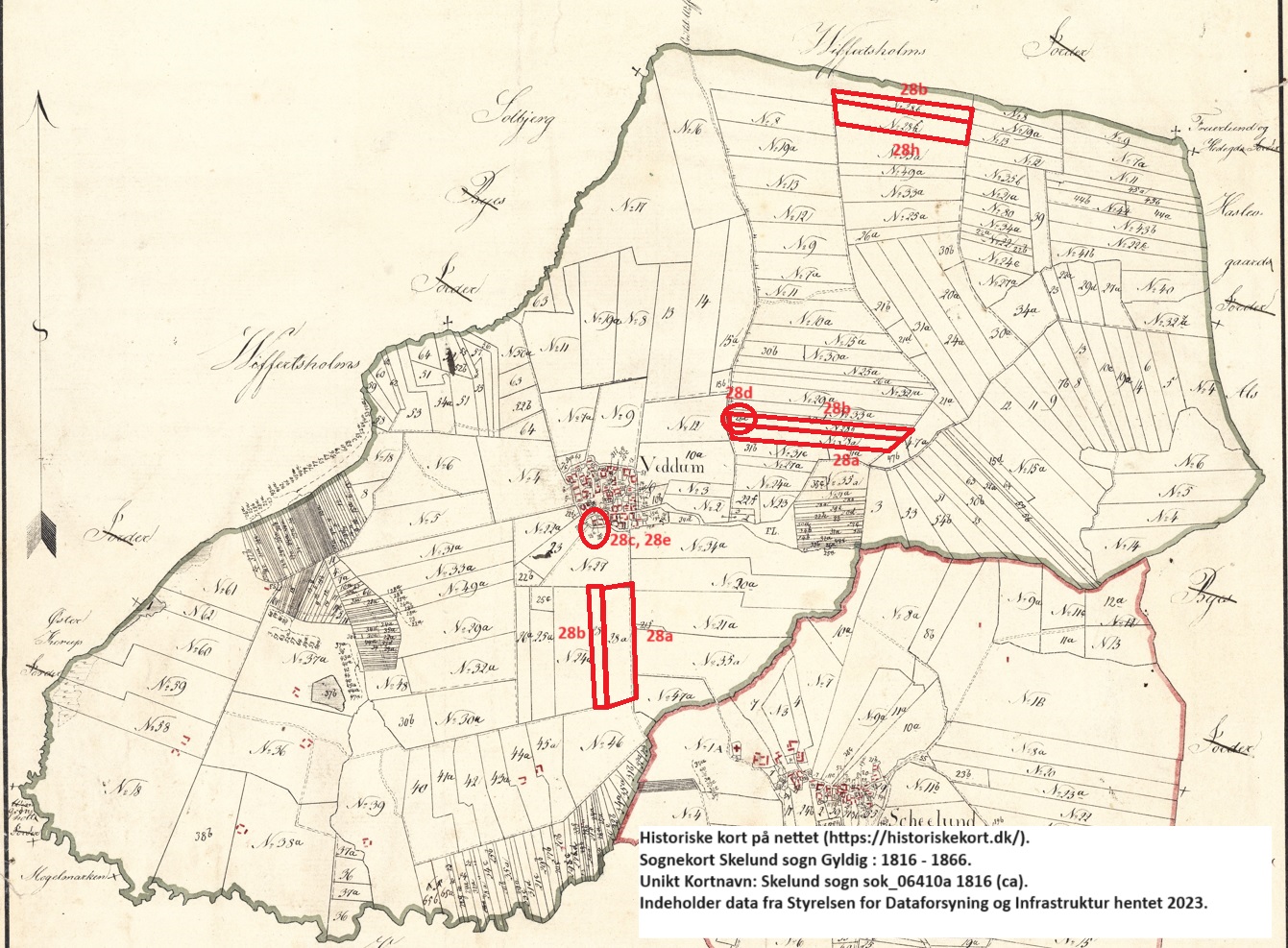 Matr. 28 blev opdelt i a, b, d og e. Historiske kort på nettet (https://historiskekort.dk/). Sognekort Skelund sogn Gyldig : 1816 - 1866. Unikt Kortnavn: Skelund sogn sok_06410a 1816 (ca). Indeholder data fra Styrelsen for Dataforsyning og Infrastruktur hentet 2023.