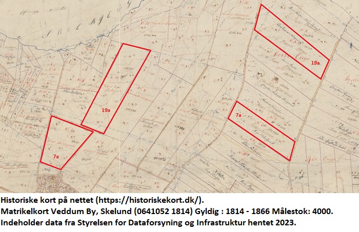 Matr. 7a og 19a blev solgt samlet. Historiske kort på nettet (https://historiskekort.dk/). Matrikelkort Veddum By, Skelund (0641052 1814) Gyldig : 1814 - 1866 Målestok: 4000. Indeholder data fra Styrelsen for Dataforsyning og Infrastruktur hentet 2023.