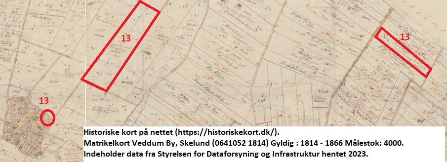 Historiske kort på nettet (https://historiskekort.dk/). Matrikelkort Veddum By, Skelund (0641052 1814) Gyldig : 1814 - 1866 Målestok: 4000. Indeholder data fra Styrelsen for Dataforsyning og Infrastruktur hentet 2023.