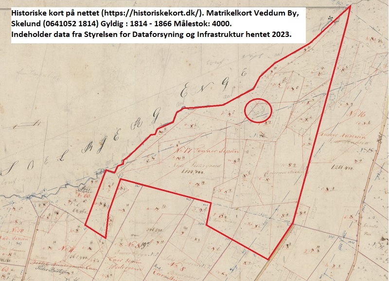 Historiske kort på nettet (https://historiskekort.dk/). Matrikelkort Veddum By, Skelund (0641052 1814) Gyldig : 1814 - 1866 Målestok: 4000. Indeholder data fra Styrelsen for Dataforsyning og Infrastruktur hentet 2023.