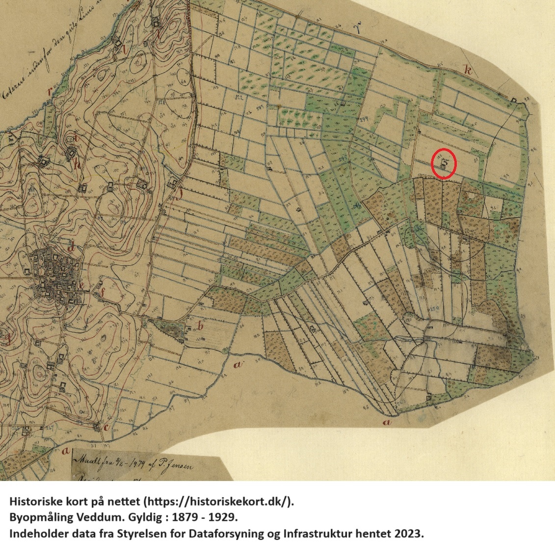 Nørholt. Historiske kort på nettet (https://historiskekort.dk/). Byopmåling Veddum. Gyldig : 1879 - 1929. Indeholder data fra Styrelsen for Dataforsyning og Infrastruktur hentet 2023.