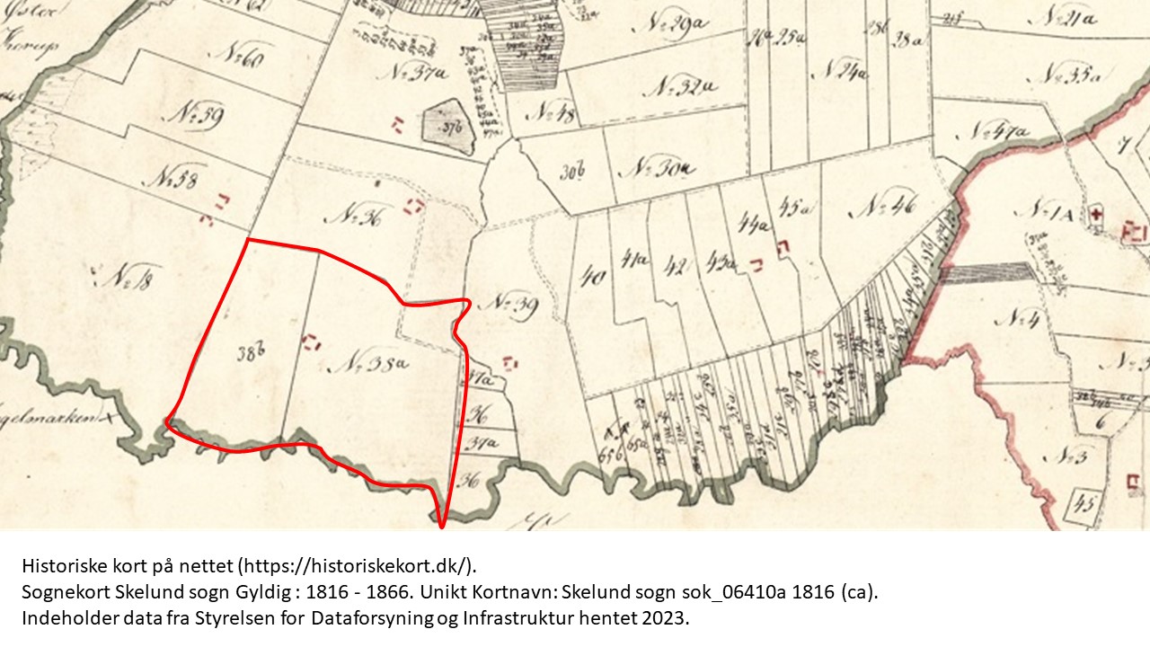 Matr. 38 opdelt i A og B. Historiske kort på nettet (https://historiskekort.dk/). Sognekort Skelund sogn Gyldig : 1816 - 1866. Unikt Kortnavn: Skelund sogn sok_06410a 1816 (ca). Indeholder data fra Styrelsen for Dataforsyning og Infrastruktur hentet 2023.