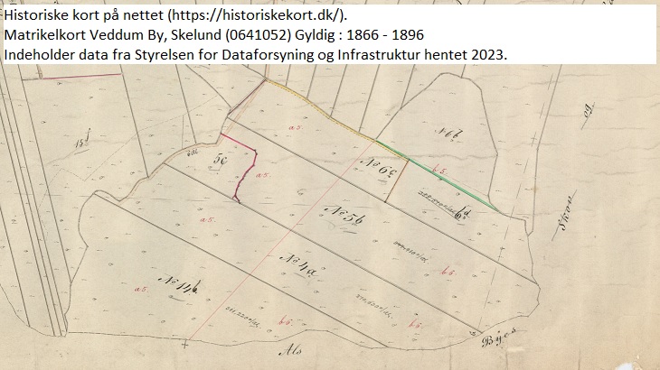 Matr. 5b 1896 Historiske kort på nettet (https://historiskekort.dk/). Matrikelkort Veddum By, Skelund (0641052) Gyldig : 1866 - 1896 Målestok: 4000. Indeholder data fra Styrelsen for Dataforsyning og Infrastruktur hentet 2023.