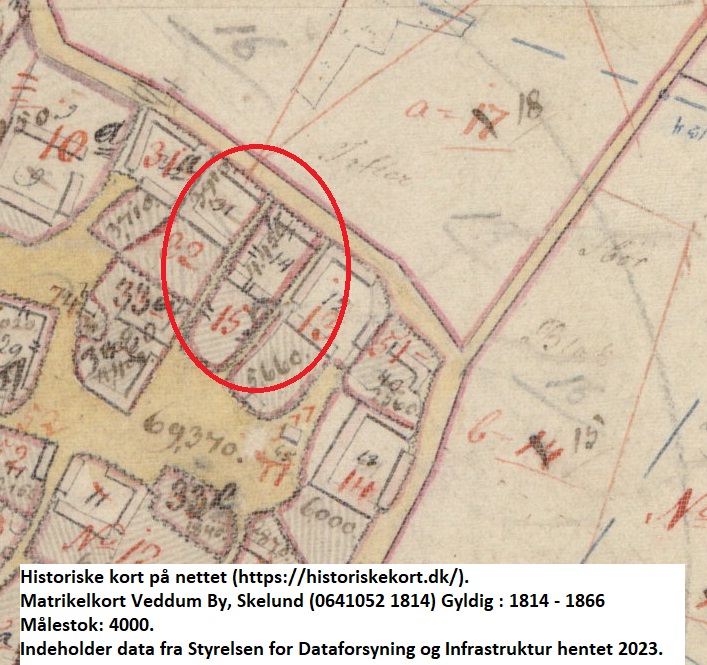 Historiske kort på nettet (https://historiskekort.dk/). Matrikelkort Veddum By, Skelund (0641052 1814) Gyldig : 1814 - 1866 Målestok: 4000. Indeholder data fra Styrelsen for Dataforsyning og Infrastruktur hentet 2023.