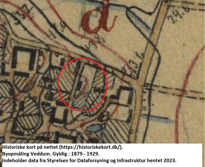 Historiske kort på nettet (https://historiskekort.dk/). Byopmåling Veddum. Gyldig : 1879 - 1929. Indeholder data fra Styrelsen for Dataforsyning og Infrastruktur hentet 2023.