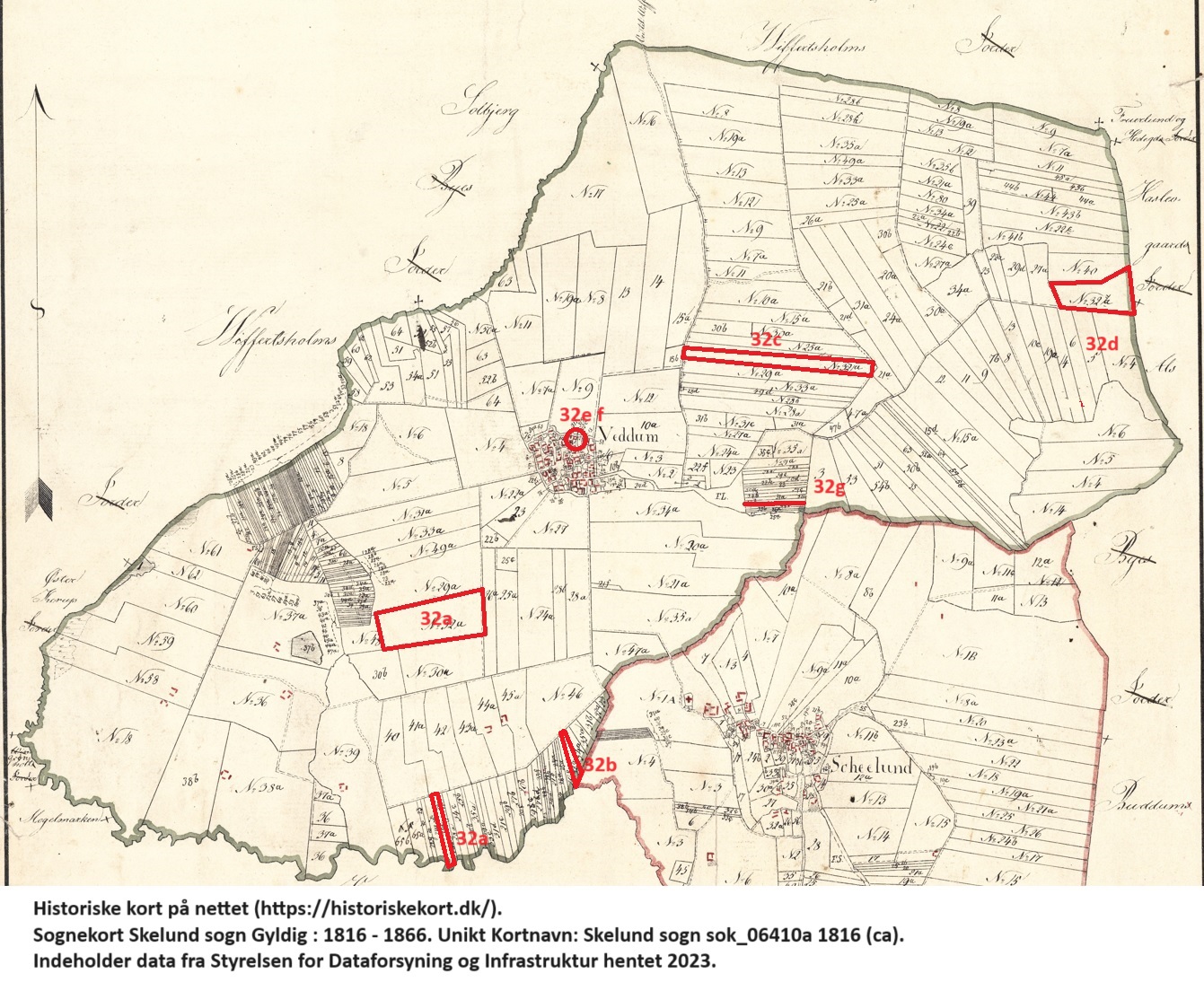 Beliggenhed af matr. 32. Historiske kort på nettet (https://historiskekort.dk/). Sognekort Skelund sogn Gyldig : 1816 - 1866. Unikt Kortnavn: Skelund sogn sok_06410a 1816 (ca). Indeholder data fra Styrelsen for Dataforsyning og Infrastruktur hentet 2023.