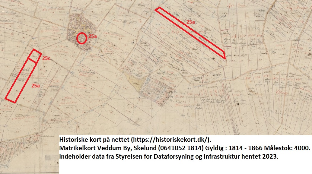 Matr. 25 a (Jens Jepsen og Niels Jensen). Historiske kort på nettet (https://historiskekort.dk/). Matrikelkort Veddum By, Skelund (0641052 1814) Gyldig : 1814 - 1866 Målestok: 4000. Indeholder data fra Styrelsen for Dataforsyning og Infrastruktur hentet 2023.