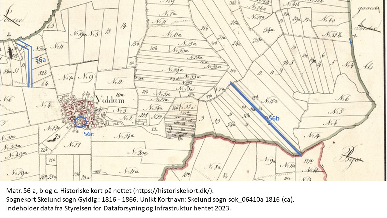Matr. 56 a, b og c. Historiske kort på nettet (https://historiskekort.dk/). 
Sognekort Skelund sogn Gyldig : 1816 - 1866. Unikt Kortnavn: Skelund sogn sok_06410a 1816 (ca). 
Indeholder data fra Styrelsen for Dataforsyning og Infrastruktur hentet 2023.