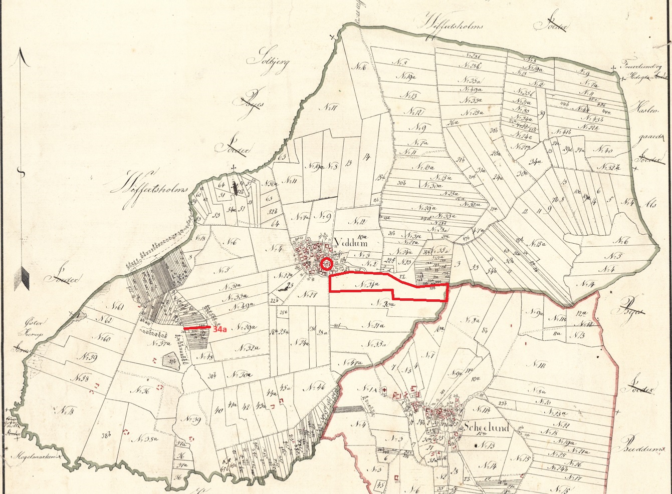 Matr 34a. Historiske kort på nettet (https://historiskekort.dk/). Sognekort Skelund sogn Gyldig : 1816 - 1866. Unikt Kortnavn: Skelund sogn sok_06410a 1816 (ca). Indeholder data fra Styrelsen for Dataforsyning og Infrastruktur hentet 2023.