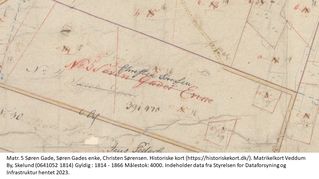 Matr. 5 Søren Gade, Søren Gades enke, Christen Sørensen. Historiske kort (https://historiskekort.dk/). Matrikelkort Veddum By, Skelund (0641052 1814) Gyldig : 1814 - 1866 Målestok: 4000. Indeholder data fra Styrelsen for Dataforsyning og Infrastruktur hentet 2023.