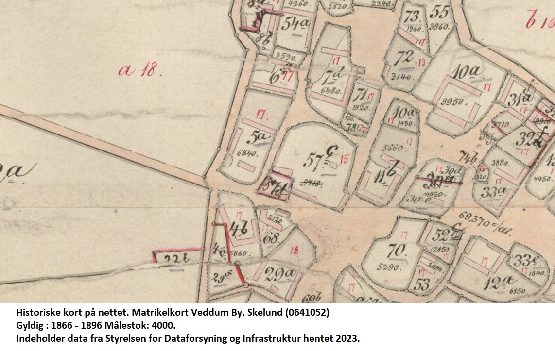 Gården på af matr. 5. Historiske kort på nettet. Matrikelkort Veddum By, Skelund (0641052) Gyldig : 1866 - 1896 Målestok: 4000. Indeholder data fra Styrelsen for Dataforsyning og Infrastruktur hentet 2023.