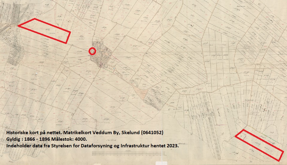 Gården på af matr. 5. Historiske kort på nettet. Matrikelkort Veddum By, Skelund (0641052) Gyldig : 1866 - 1896 Målestok: 4000. Indeholder data fra Styrelsen for Dataforsyning og Infrastruktur hentet 2023.