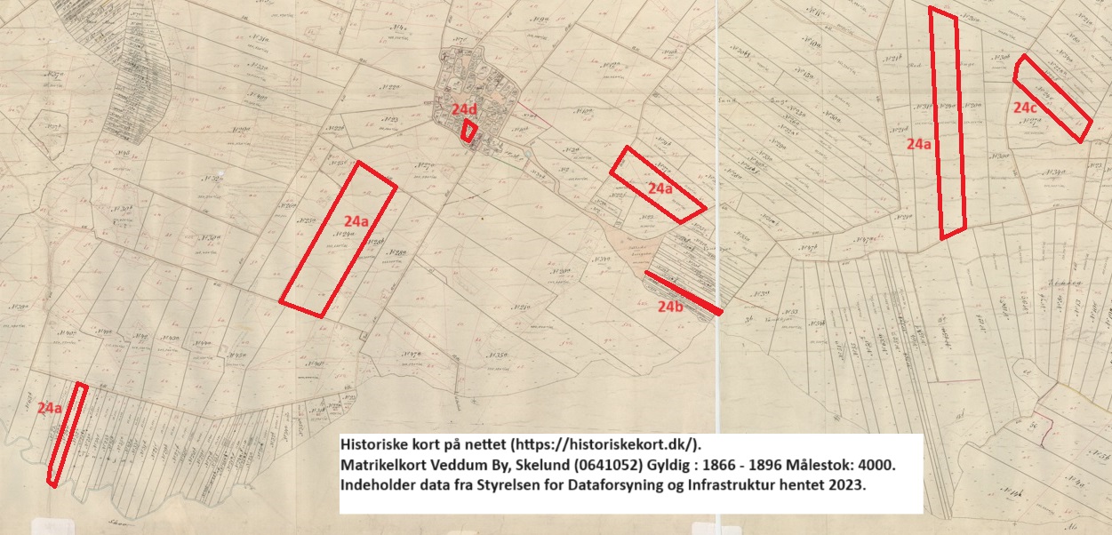 Matr. 24 opdelt på 24a, b, c og d. Historiske kort på nettet (https://historiskekort.dk/). Matrikelkort Veddum By, Skelund (0641052) Gyldig : 1866 - 1896 Målestok: 4000. Indeholder data fra Styrelsen for Dataforsyning og Infrastruktur hentet 2023
