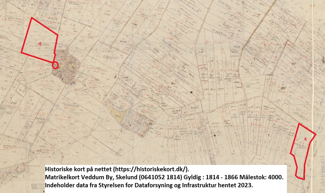 Matr. 4. Historiske kort på nettet (https://historiskekort.dk/). Matrikelkort Veddum By, Skelund (0641052 1814) Gyldig : 1814 - 1866 Målestok: 4000. Indeholder data fra Styrelsen for Dataforsyning og Infrastruktur hentet 2023.