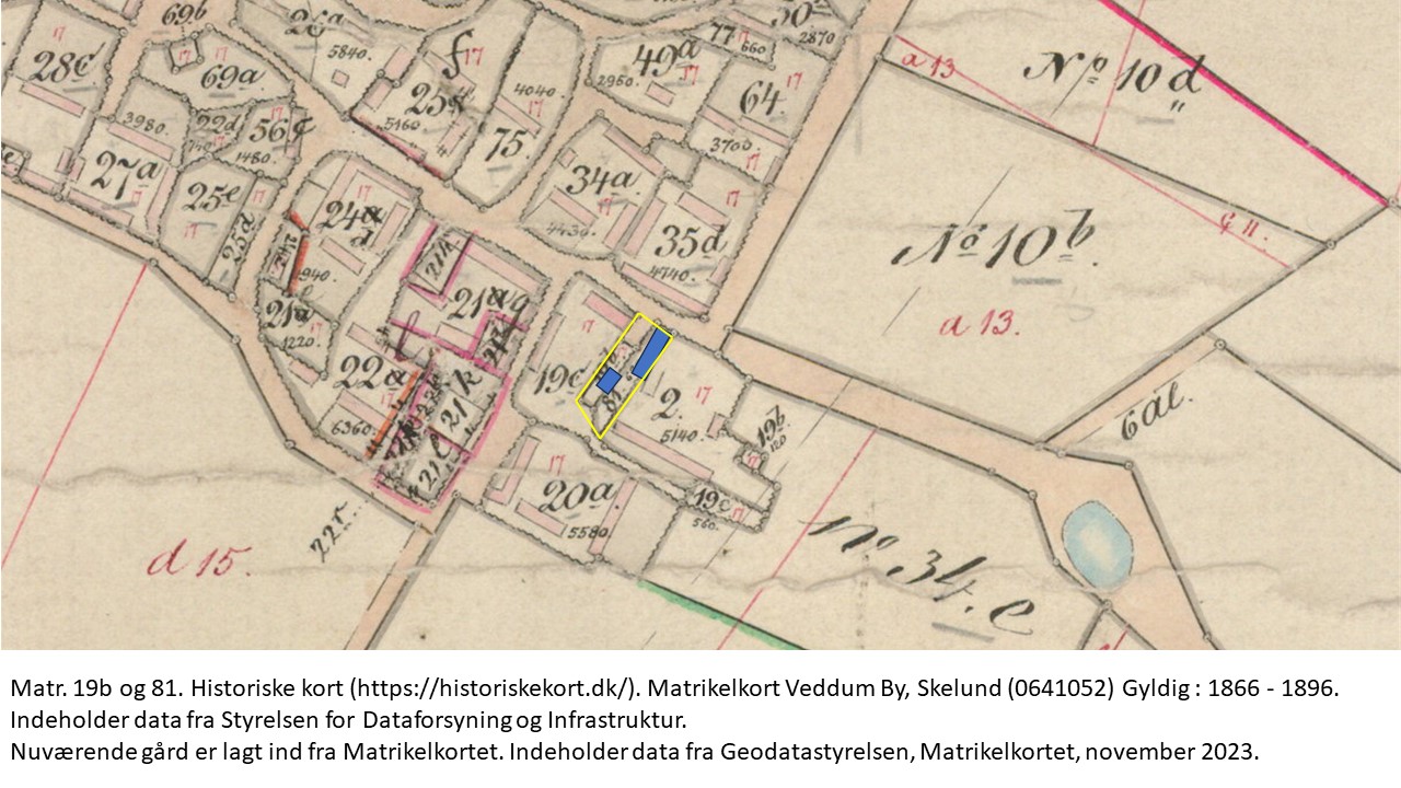 Historiske kort (https://historiskekort.dk/). Matrikelkort Veddum By, Skelund (0641052) Gyldig : 1866 - 1896 Målestok: 4000. Indeholder data fra Styrelsen for Dataforsyning og Infrastruktur hentet 2023.