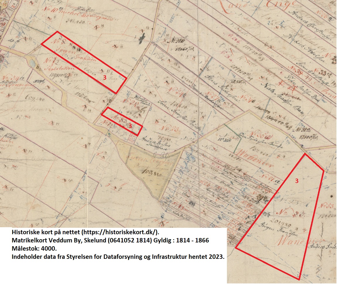 Matr. 3. Jordbruger Jørgen Frandsen. Historiske kort på nettet (https://historiskekort.dk/). Matrikelkort Veddum By, Skelund (0641052 1814) Gyldig : 1814 - 1866 Målestok: 4000. Indeholder data fra Styrelsen for Dataforsyning og Infrastruktur hentet 2023.