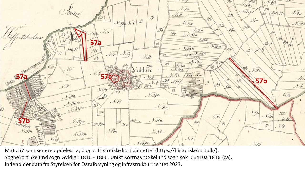 Matr. 57 som senere opdeles i a, b og c. Historiske kort på nettet (https://historiskekort.dk/). 
Sognekort Skelund sogn Gyldig : 1816 - 1866. Unikt Kortnavn: Skelund sogn sok_06410a 1816 (ca). 
Indeholder data fra Styrelsen for Dataforsyning og Infrastruktur hentet 2023.