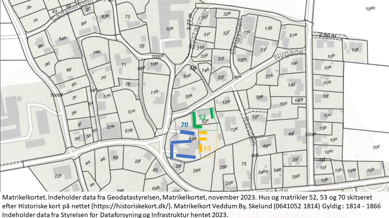 Matrikelkortet. Indeholder data fra Geodatastyrelsen, Matrikelkortet, november 2023. Hus og matrikler 52, 53 og 70 skitseret efter Historiske kort på nettet (https://historiskekort.dk/). Matrikelkort Veddum By, Skelund (0641052 1814) Gyldig : 1814 - 1866 Indeholder data fra Styrelsen for Dataforsyning og Infrastruktur hentet 2023.